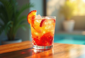 vibrant drink ethereal float wooden tabletop dynamic colorful presentation refreshing beverage, mocktail, glass, liquid, splash, drinkware, variety, infusion