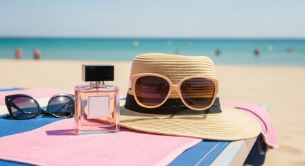 Summer Fragrance Essentials on a Beach Towel Under the Sun