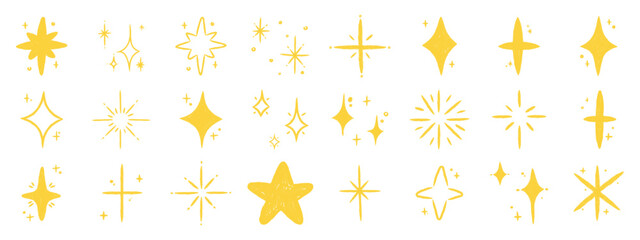 Pastel crayon star shapes. Childish doodle stars and spark elements with soft brush texture. Kids sketch vector collection.