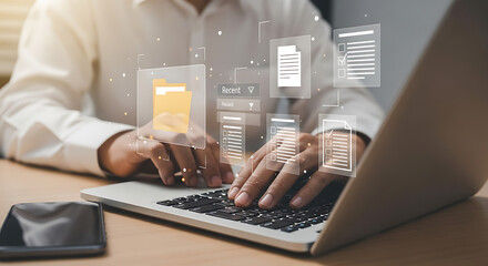 Digital Document Management System on Laptop with Person Typing Featuring Folders Files and Checklists for Efficient Workflow