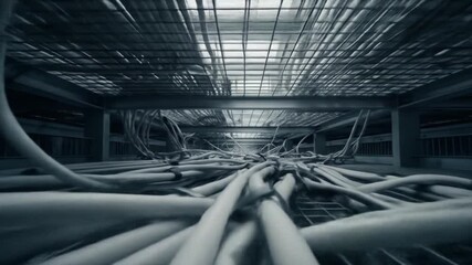 Industrial Cable Chaos: A Low-Angle View of Tangled Wires in a Metallic Structure - Powered by Adobe