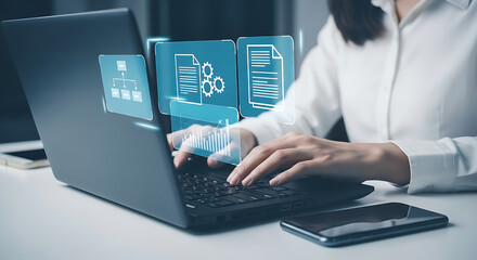 Businesswoman Working on Laptop with Data Visualization Chart and Document Icons for Business Intelligence and Process Automation Solutions