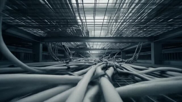 Industrial Cable Chaos: A Low-Angle View of Tangled Wires in a Metallic Structure