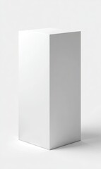 A clean, minimalist image of a tall, white, square box or cube on a plain white background; simple, unadorned, and visually striking