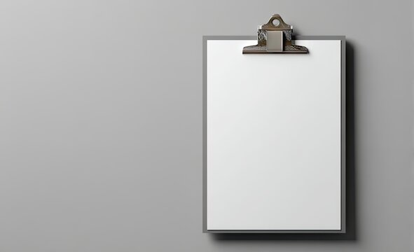 A clean, square clipboard with a blank white paper sheet attached,  against a neutral gray background. Minimalist design