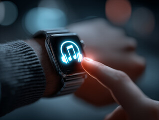 Smartwatch hand touching a glowing music note with a headphones icon, blue neon,representing controlling music streaming with wearable devices