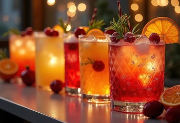 vibrant festive cocktails refreshingly garnished colorful seasonal fruit holiday cheer celebration, drink, slice, berry, orange, apple, pear, pomegranate