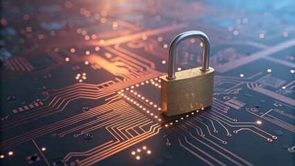 A golden padlock secured on a glowing circuit board representing digital security and data protection
