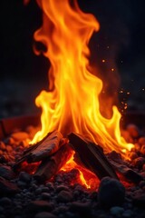 Fototapeta premium Intense Orange and Yellow Flames Burning Brightly A Close-Up Shot of Fiery Embers Radiating Heat and Energy, Perfect for Concepts of Power, Destruction, or Warmth.