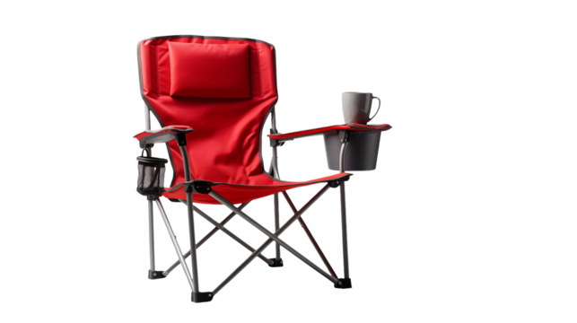 Isolated red camping chair with cup holder and headrest on a transparent background in a studio setting
