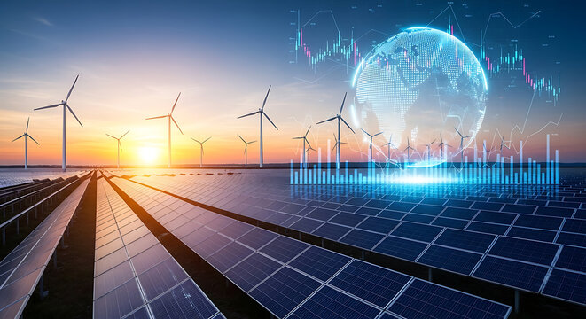 Sustainable Energy Landscape Solar Panels and Wind Turbines with Global Data Visualization at Sunset Emphasizing Renewable Energy Investment and Green Technology