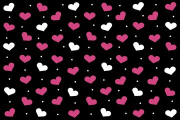Trendy pink and white pattern of heart and dot on black background. Love, funky, romantic, heart, dot, design for wallpaper, textile, print, decoration, wrapping, card, celebration, etc.