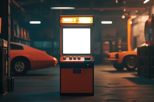 Retro arcade machine in vintage garage setting