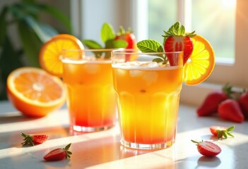 Fototapeta premium vibrant fruit garnishes decorate clear juice glasses refreshing colorful beverage presentation, drink, orange, strawberry, lemon, lime, melon, berry, kiwi