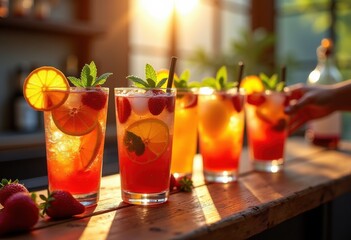 vibrant fruit infused cocktails glowing rustic wooden bar inviting refreshment sunlit setting, colorful, drink, sunlight, slice, lemon, orange, berry
