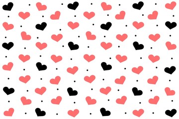 Trendy black and red pattern of heart and dot on white background. Love, romantic, heart, dot, girl, funky design for wallpaper, textile, print, decoration, wrapping, card, celebration, etc.