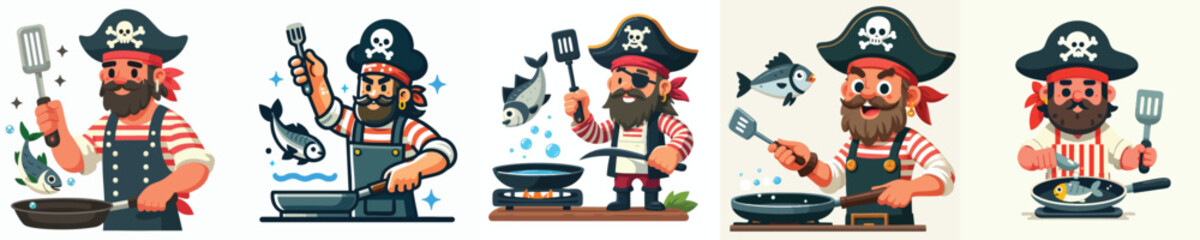 Cartoon Pirate Chef Cooking Fish – Fun Flat Vector Buccaneer Frying Seafood