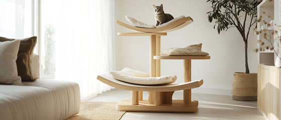 Modern cat playground with scratching posts and platforms in a cozy interior. Banner for pet care ads, animal shelters, and feline lifestyle themes.