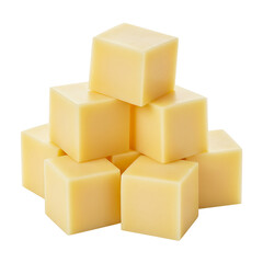 Isolated cubes and a block of yellow dairy cheese on white