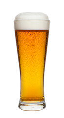 Cold golden lager beer in a full pint glass with frothy foam and bubbles, isolated on white for a refreshing drink, white background isolated