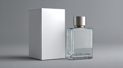 A clear glass perfume bottle with a silver cap rests beside its plain white box on a grey background.  The bottle is rectangular with subtly beveled edges