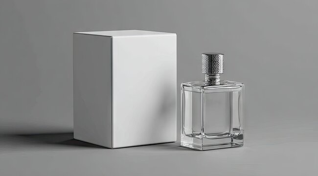 A clear glass perfume bottle with a silver cap rests beside its plain white box on a grey background