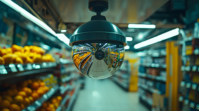 Close-up of a security camera's lens reflecting panorama of supermarket