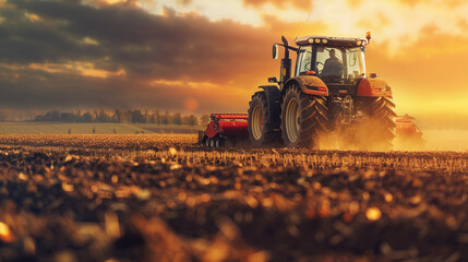 Fototapeta premium Vibrant Sunset Over a Farm Field with a Working Tractor