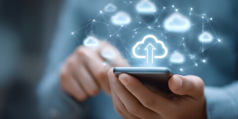 A person using a smartphone to upload data to the cloud with digital icons and network connection