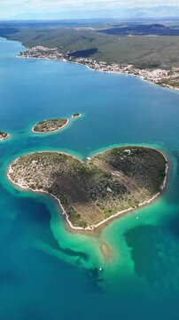 Drone view of the beautiful Galesnjak, the Heart-Shaped Island in Croatia&rsquo;s Adriatic Sea, also known as Lover&rsquo;s Island or Otok za Zaljubljene.	
