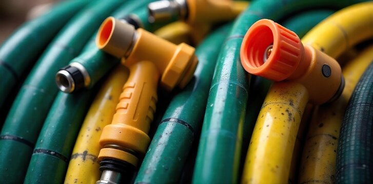 Assembling Garden Hose Components A Close-Up View of Couplings, Nozzles, and Hose Materials Ready for DIY Irrigation or Gardening Projects.