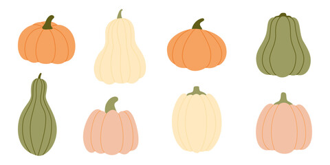 Vector set of colorful various pumpkins in flat style isolated on white background