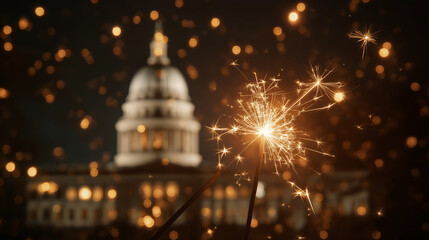 New year celebration fireworks sparkler display capitol building nighttime festive atmosphere close-up celebration concept