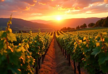 Fototapeta premium vibrant grapevine rows glowing sunset scenic view enveloped warm colors natural beauty, landscape, nature, scenery, light, field, horizon, grapes, sky