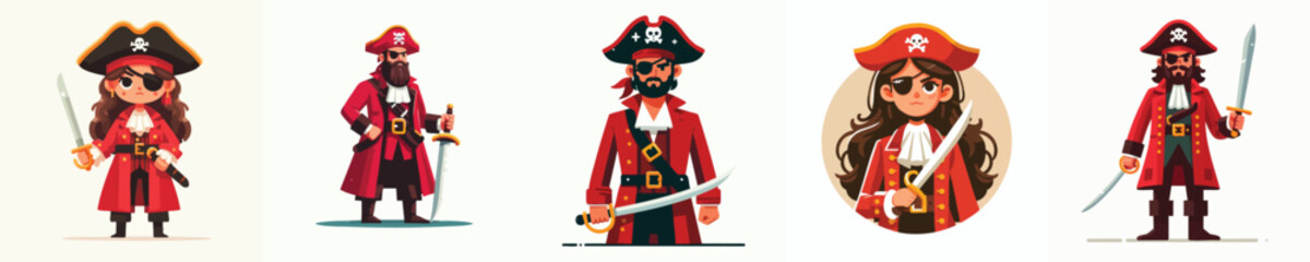 Cartoon Pirate Characters – Male and Female in Red Outfits with Swords