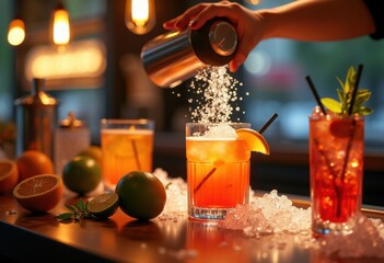 vibrant cocktail mixing colorful drinks stylish bar countertop fresh ingredients shaking shaker, glass, ice, fruit, liquor, spirits, lime, lemon, zest