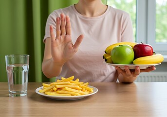 Healthy food choice: person pushes away fries, opting for fruit and water.

