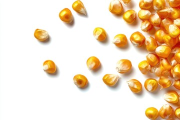Scattered kernels of golden corn on a white surface creating a simple and natural composition view