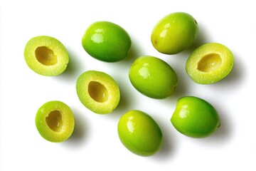 A top down view of several green olives both whole and halved on a white surface in bright lighting