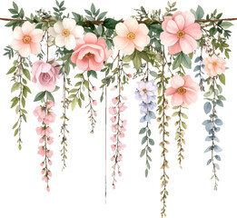 Colorful watercolor hanging flowers and vines. Floral decoration with cascading blossoms. Romantic watercolor flower wreath design. Pastel pink and purple flower hanging garland