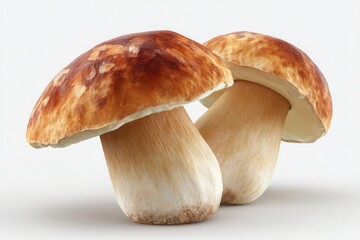 Close up shot of two boletus edulis mushrooms with brown caps and white stems on a white background