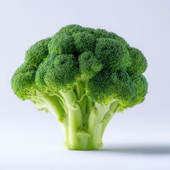 A single head of fresh green broccoli florets on a white surface in a studio setting with soft lighting