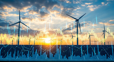 Sustainable Energy Investment Wind Turbines and Solar Panels with Financial Chart Overlay at Sunset Illustrating Renewable Energy Growth and Market Trends