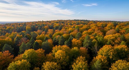 Fototapeta premium Aerial View of a Vibrant Autumn Forest Under a Blue Sky
