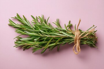 A bundle of fresh rosemary tied with twine on a pink background creating a simple and clean image