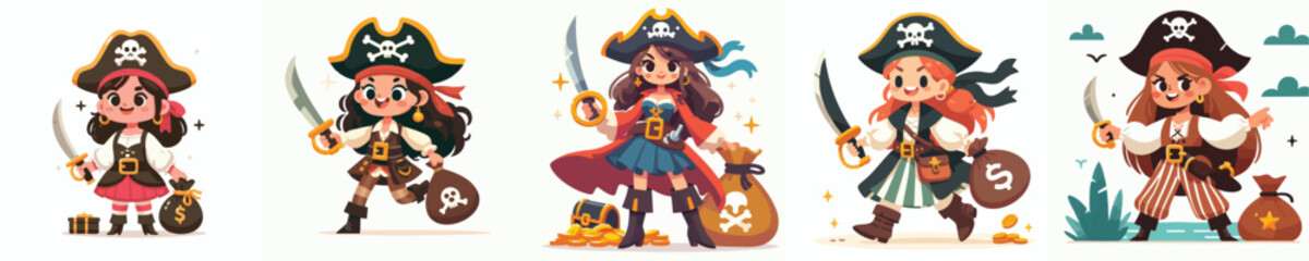 Cute Girl Pirates with Gold Coins and Money Bags – Cartoon Vector Set