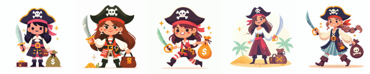 Cartoon Girl Pirates with Treasure – Cute Female Pirate Characters Set