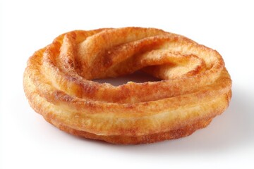 Close up of a golden brown cruller donut with a swirled design on a white background surface