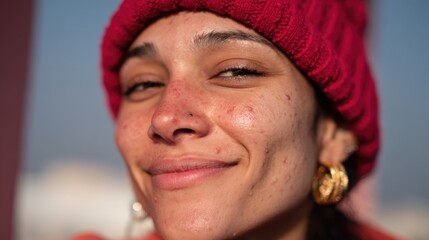 Young woman smiling warmly in winter hat against a bright sunny background by the beach. Acne Positivity Day