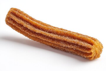 A single churro pastry coated in sugar and cinnamon lies on a plain white surface in a studio shot